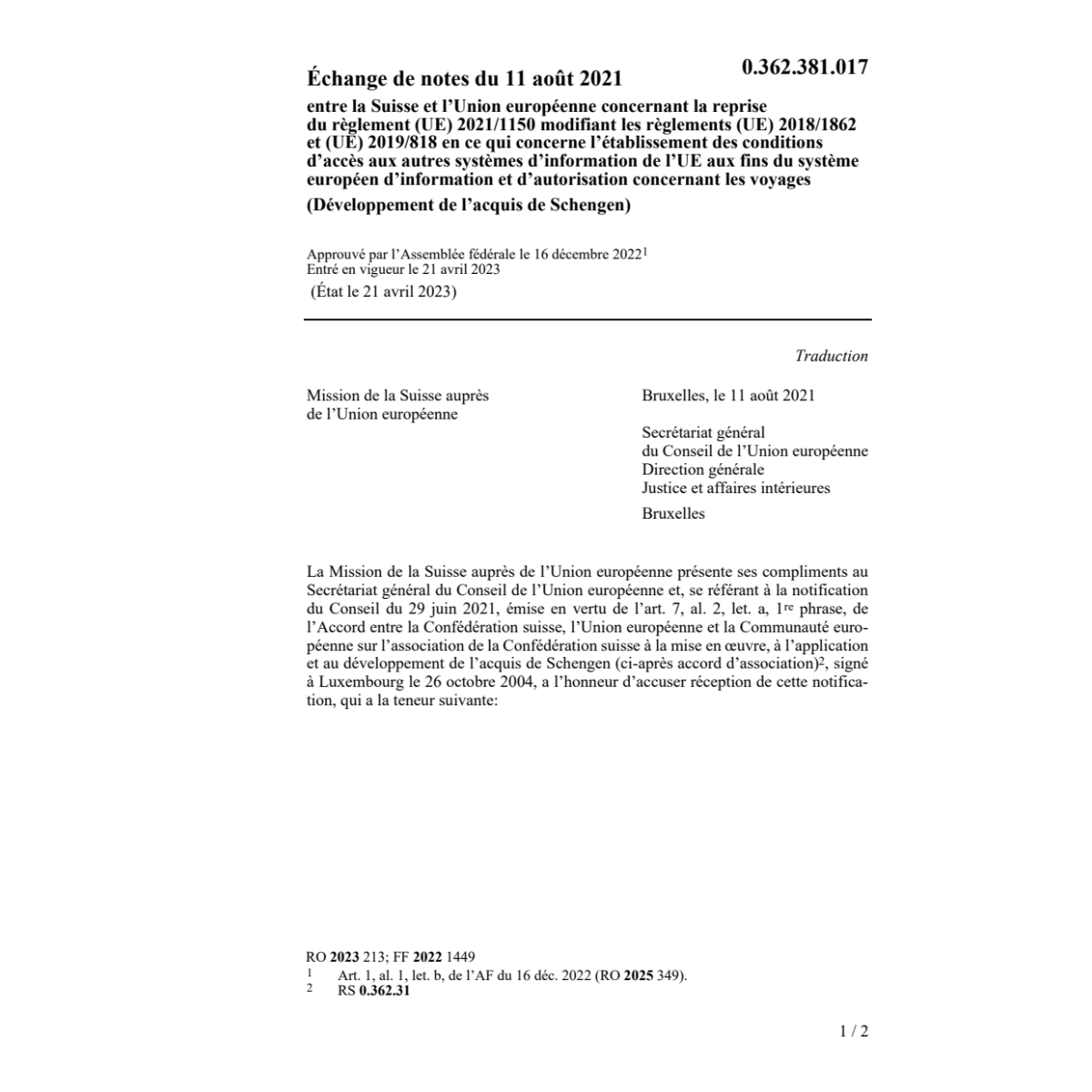Échange notes 11.08.2021 Suisse Union eu
