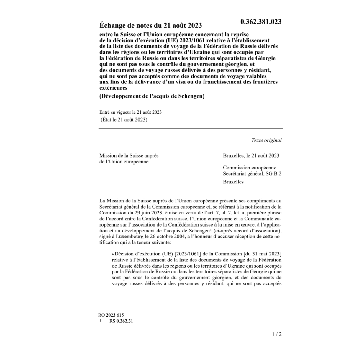 Échange notes 21.8.23 Suisse Union europ