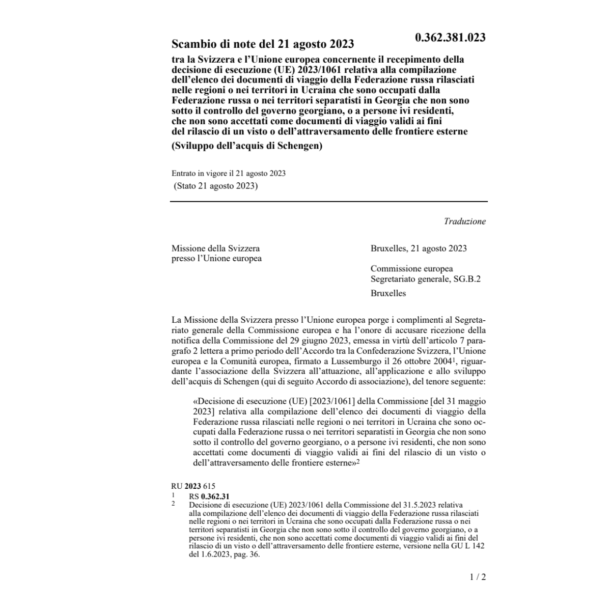 Scambio note 21.8.2023 Svizzera europea