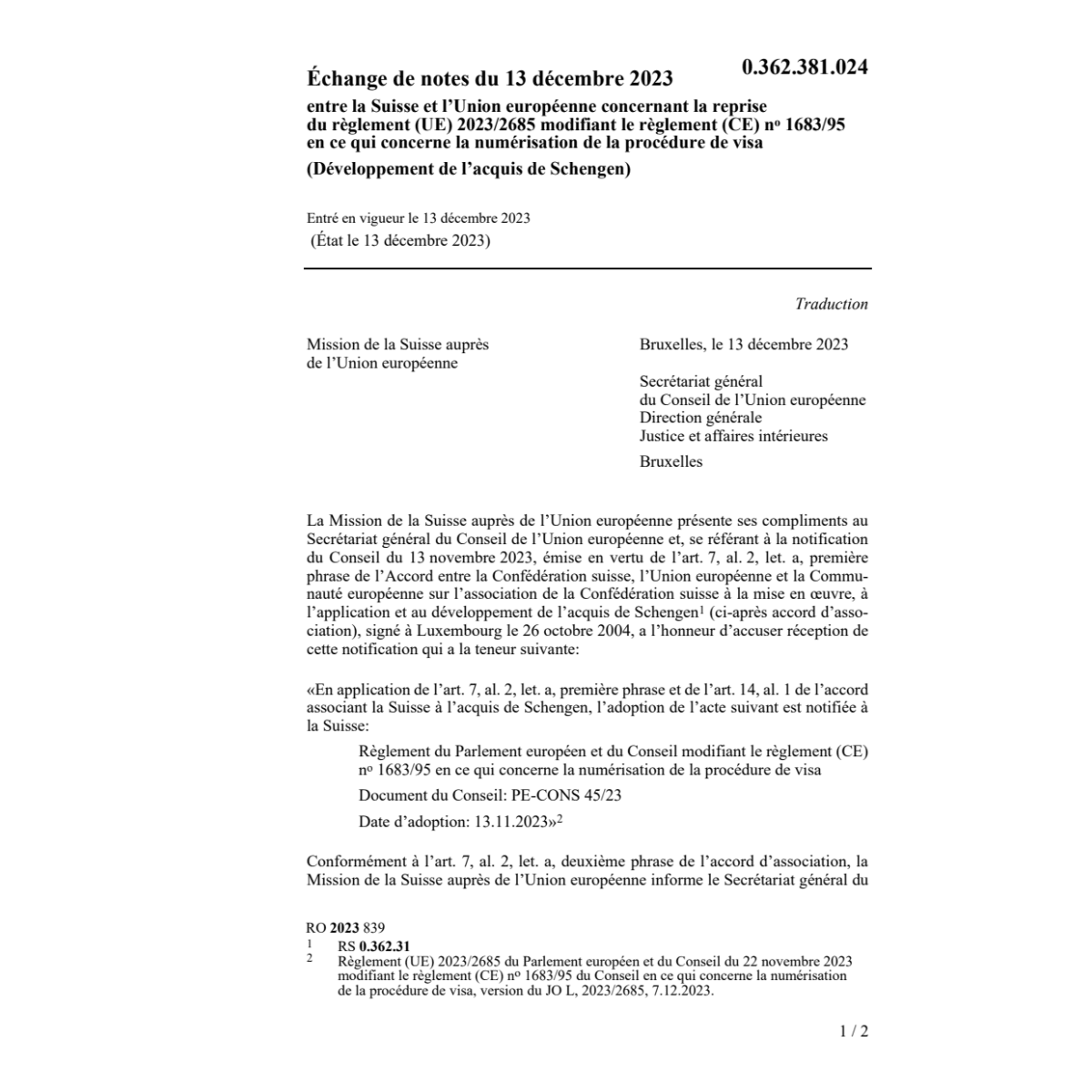 Échange notes 13.12.23 Suisse Union euro