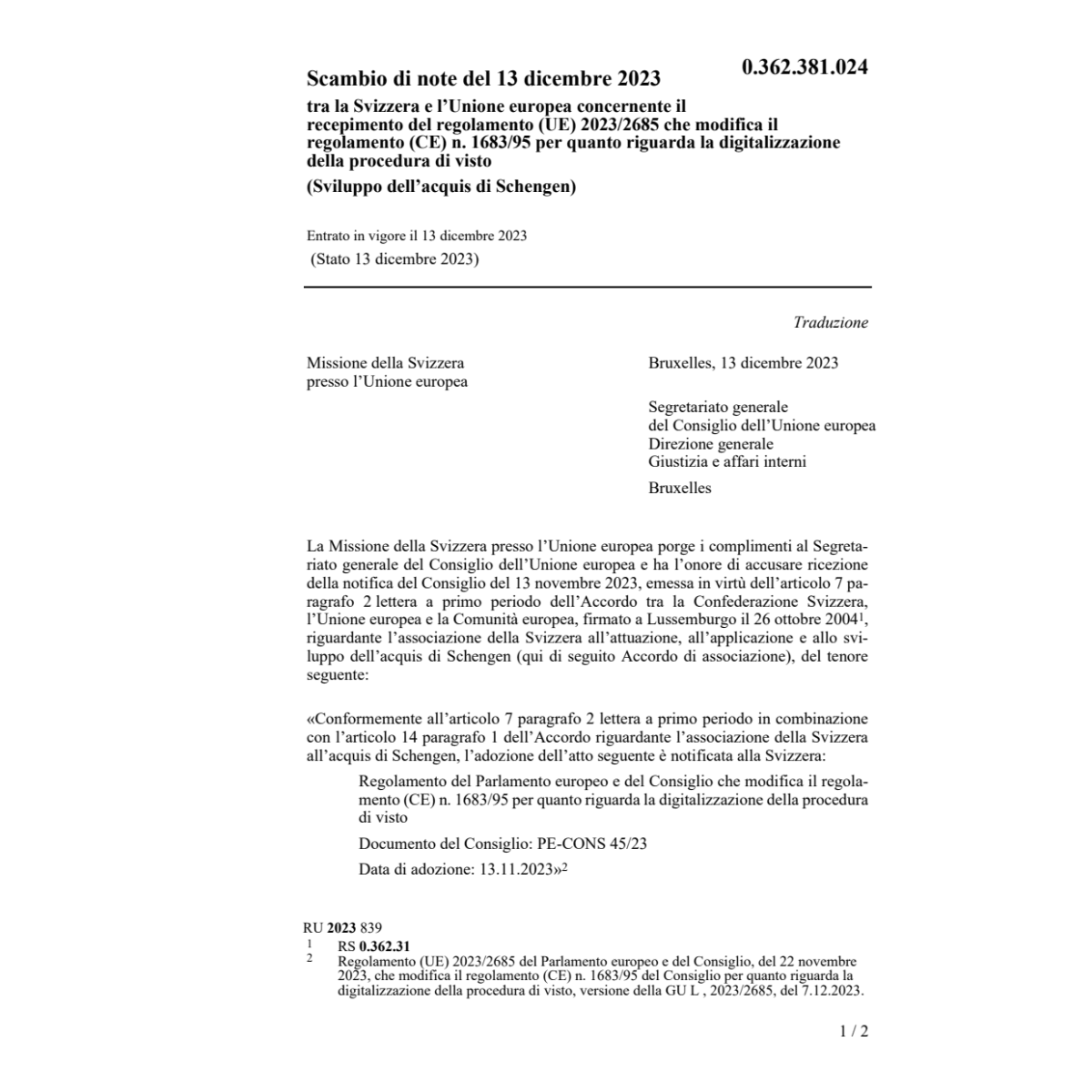 Scambio note 13.12.23 Svizzera Union eur
