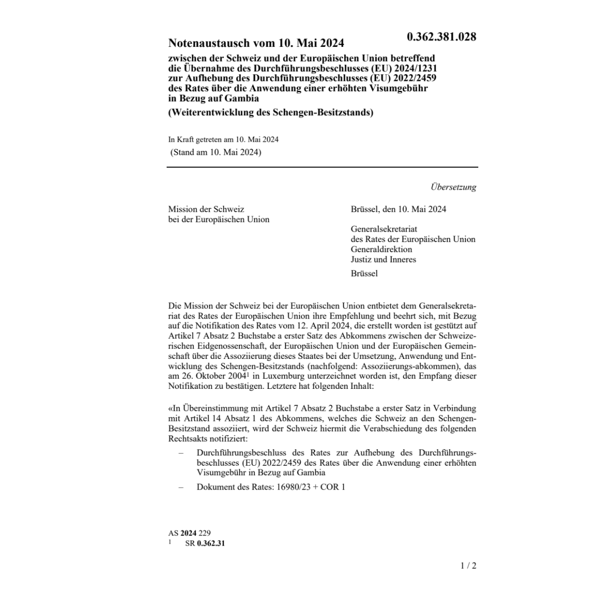 Notenaustausch CH - EU 10.5.2024