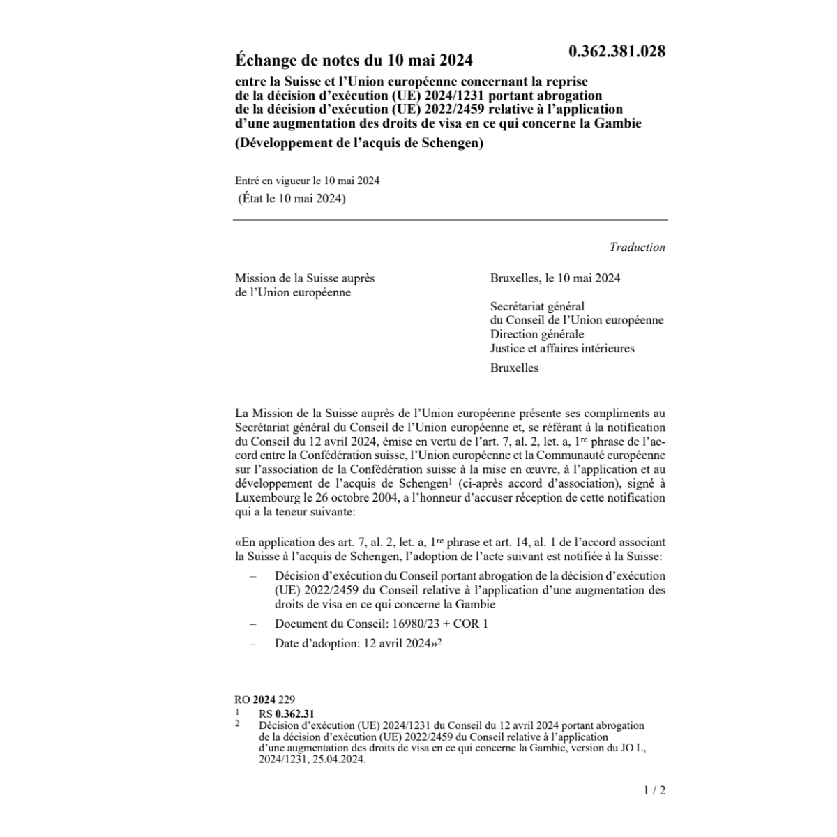 Echange de notes Suisse - Union europ.