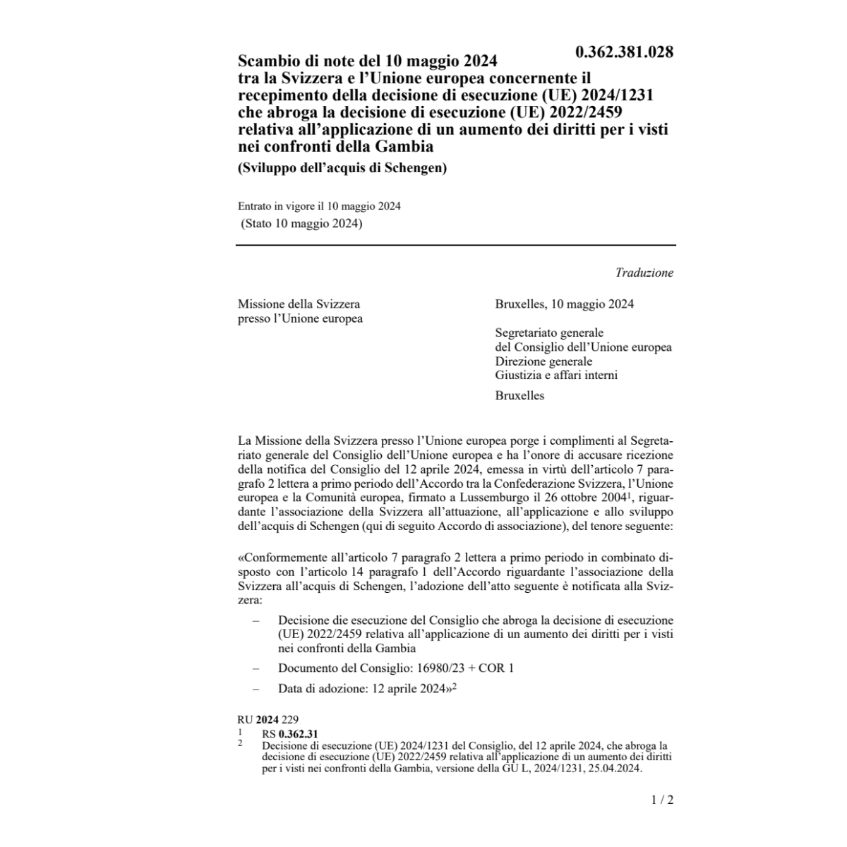 Scambio di note Svizzera - Unione europ.