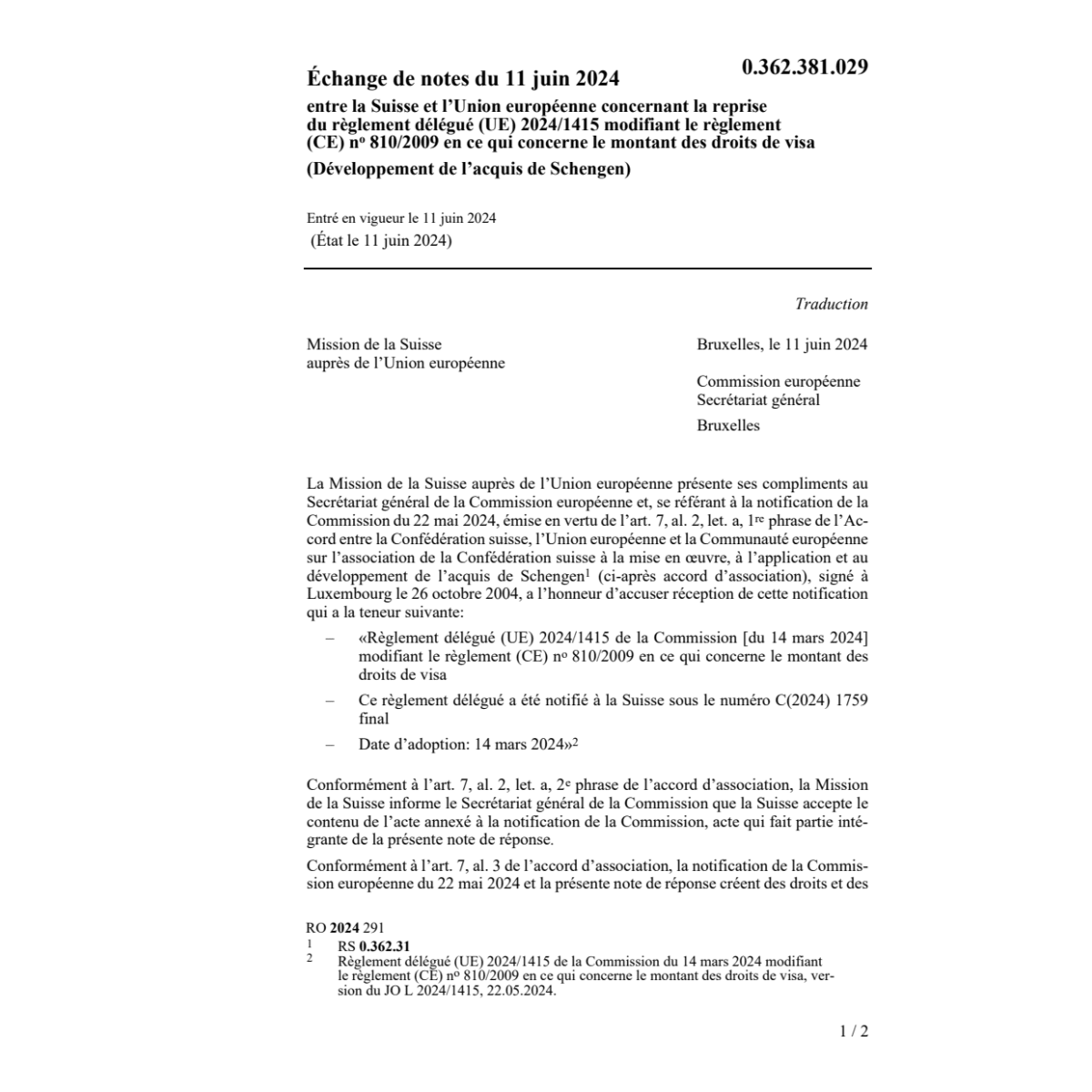 Echange de notes Montant droit de visa