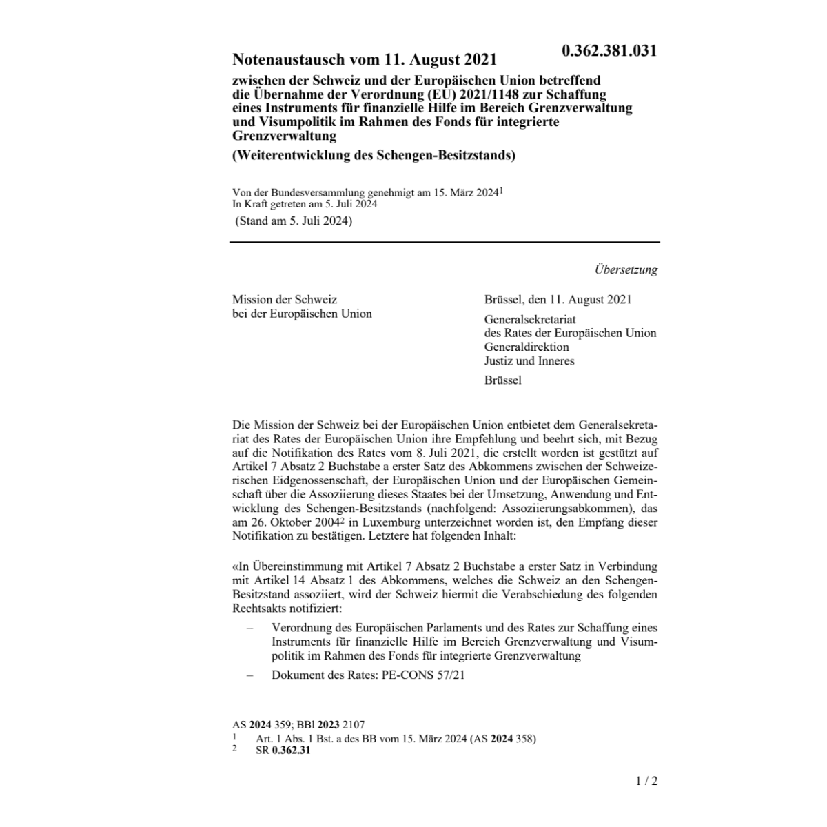 Notenaustausch 11.08.2021 Schweiz EU