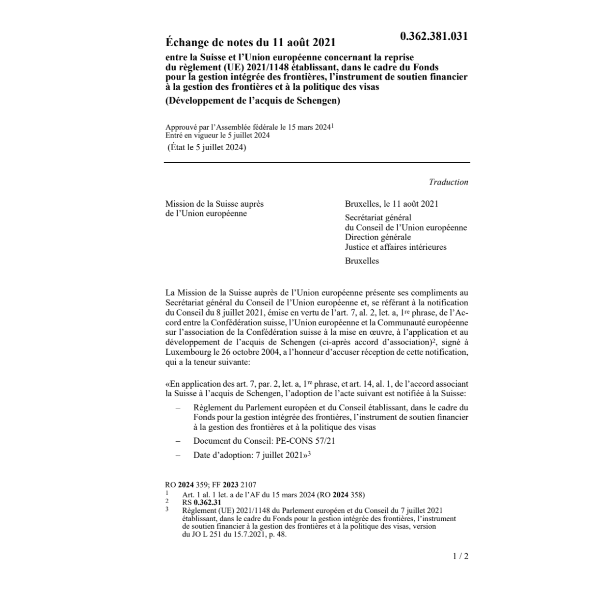 Échange notes 11.08.2021 Sui Union euro