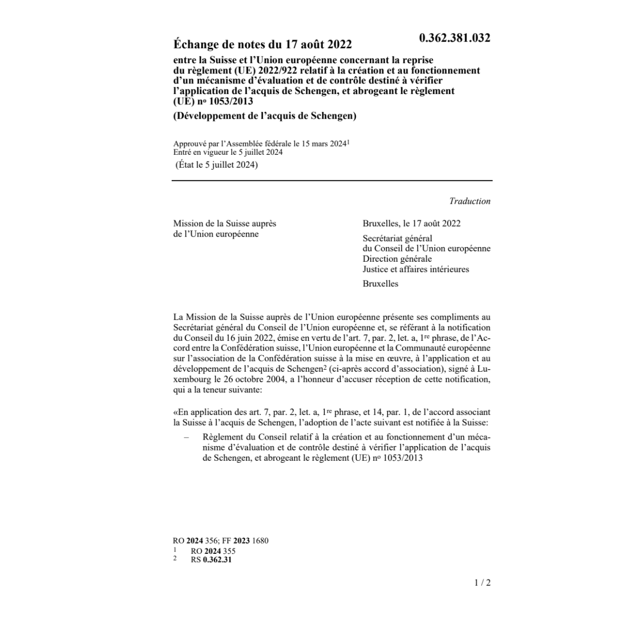 Échange notes 17.08.2022 Sui Unione euro
