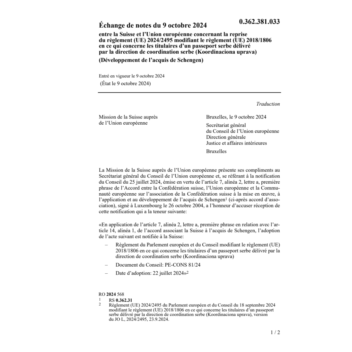 Échange notes 9.10.2024 Sui Union europ.