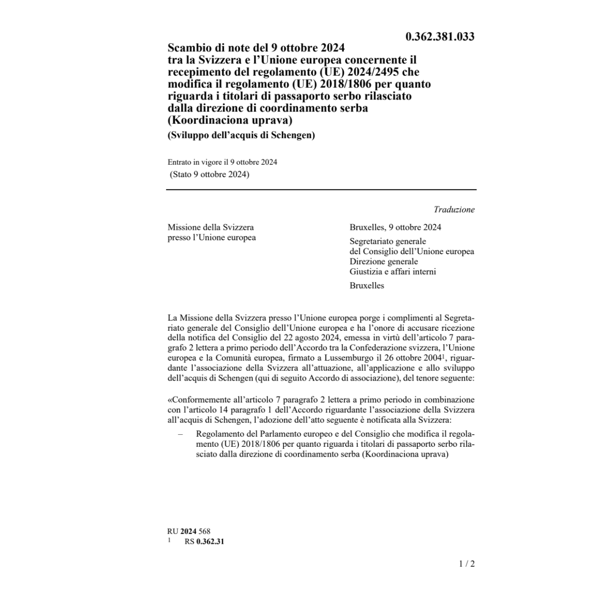 Scambio note 9.10.2024 Sviz. Unione euro