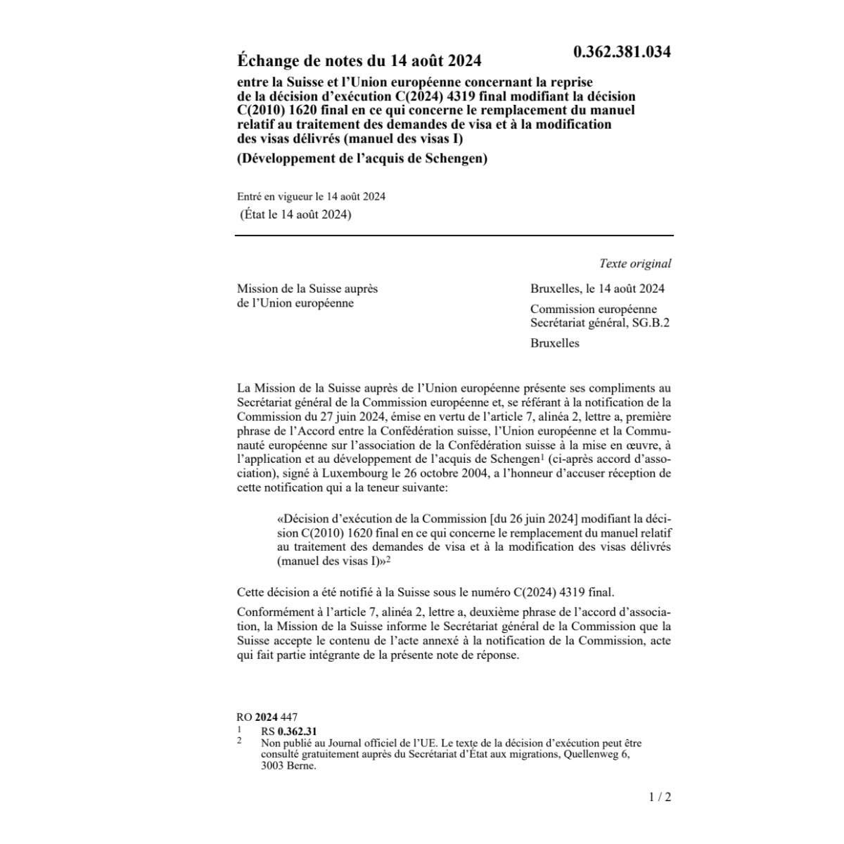 Échange notes 14.08.24 Suisse Union euro