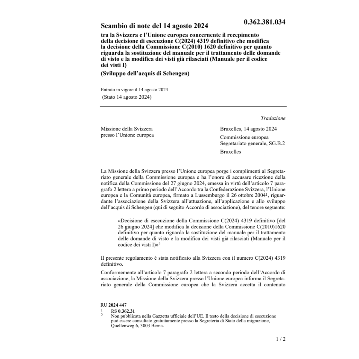 Scambio note 14.08.24 Sviz. Unione europ