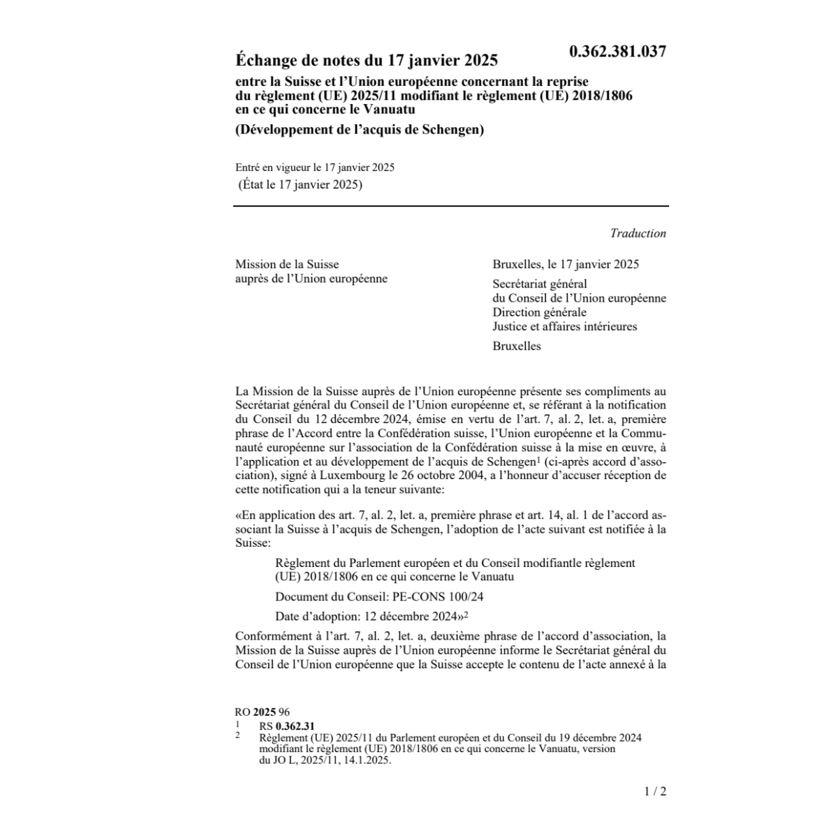 Échange notes 17.1.2025 Suisse et Eu