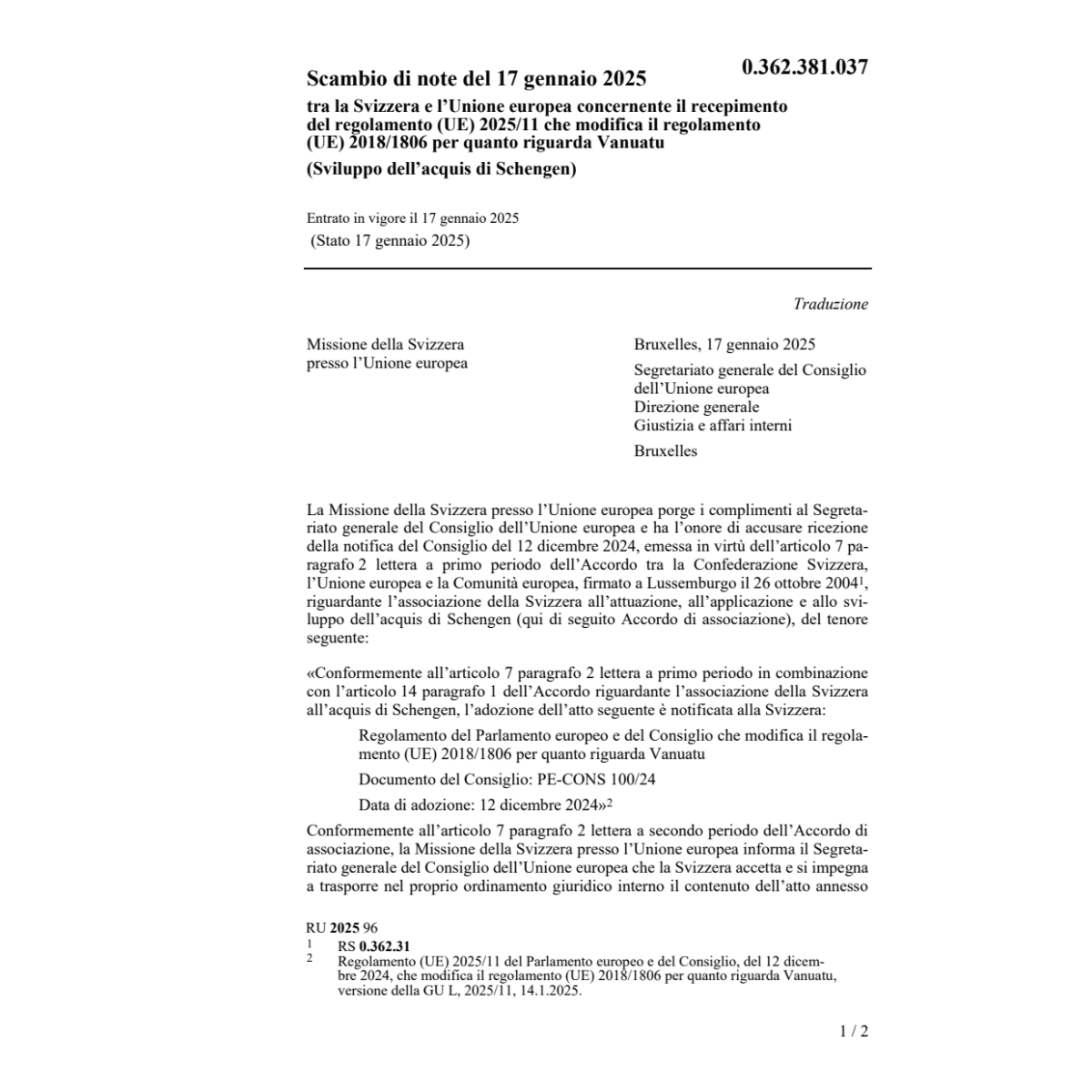 Scambio note 17.1.2025 Svizzera Union eu