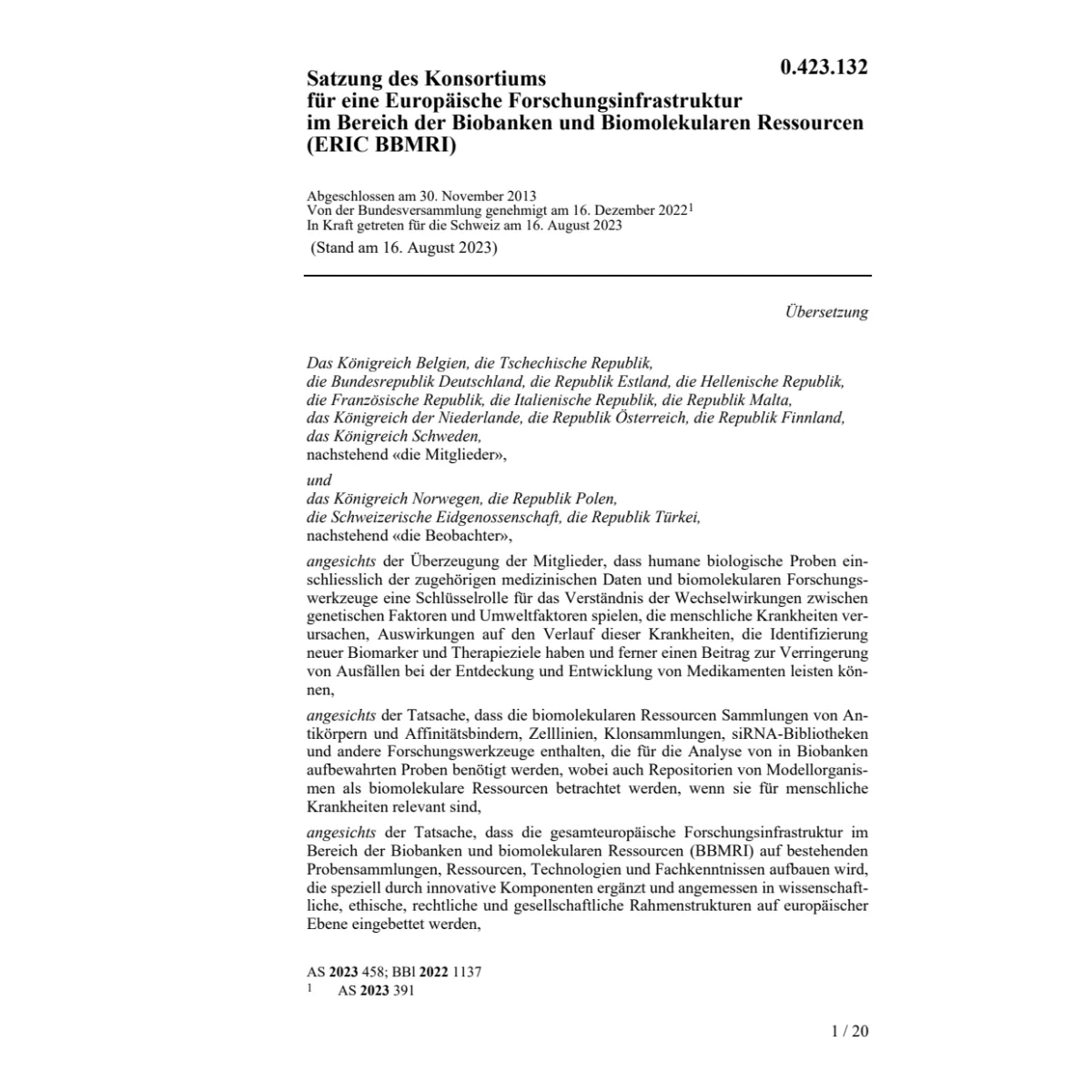 Satzung des Konsortiums (ERIC BBMRI)