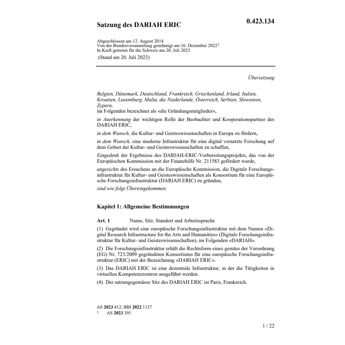 Satzung des DARIAH ERIC vom 12.08.2014