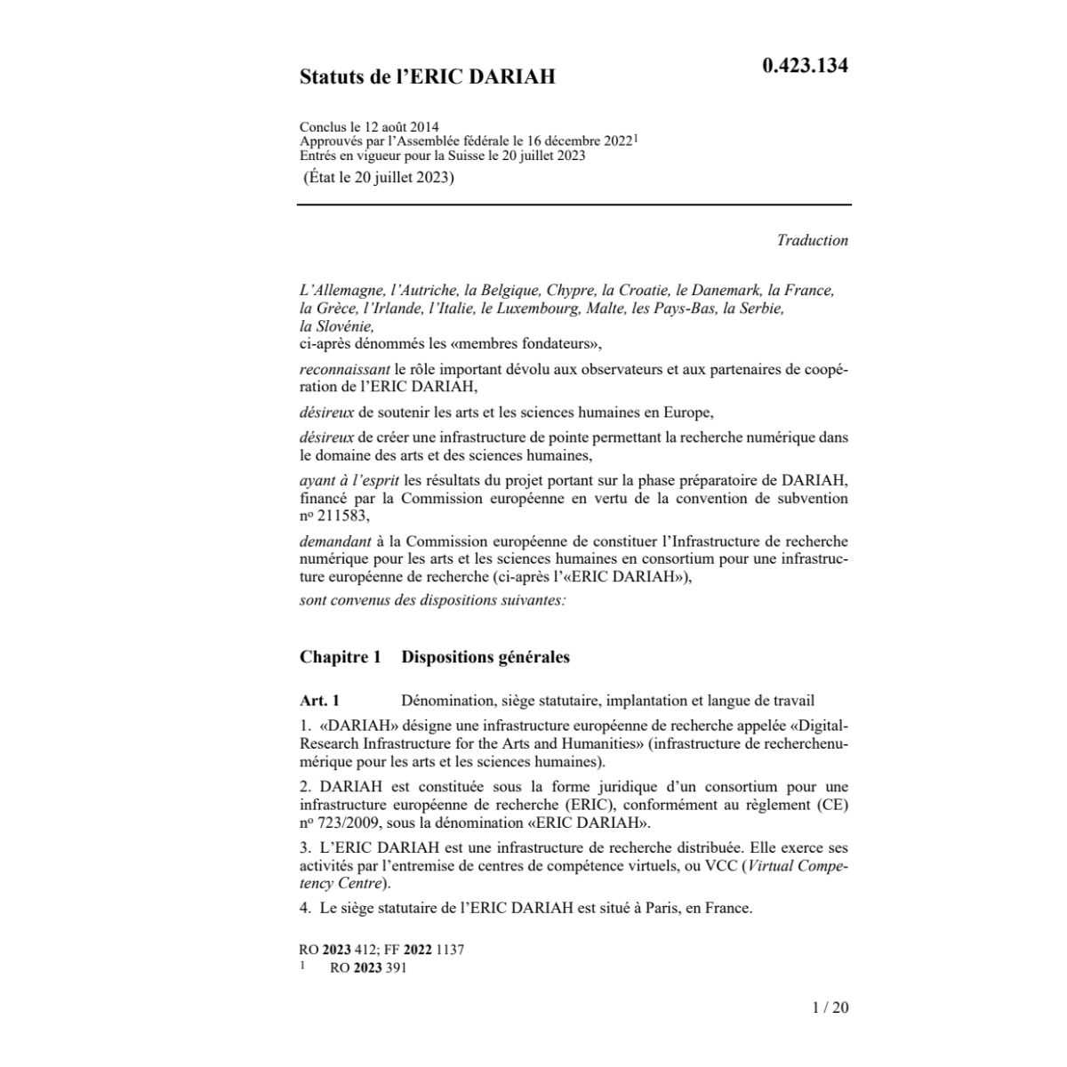 Statuts de l'ERIC DARIAH du 12.08.2014