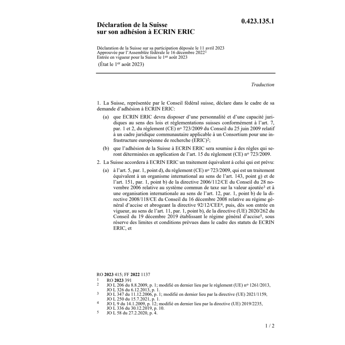 Déclaration Suisse adhésion ECRIN ERIC
