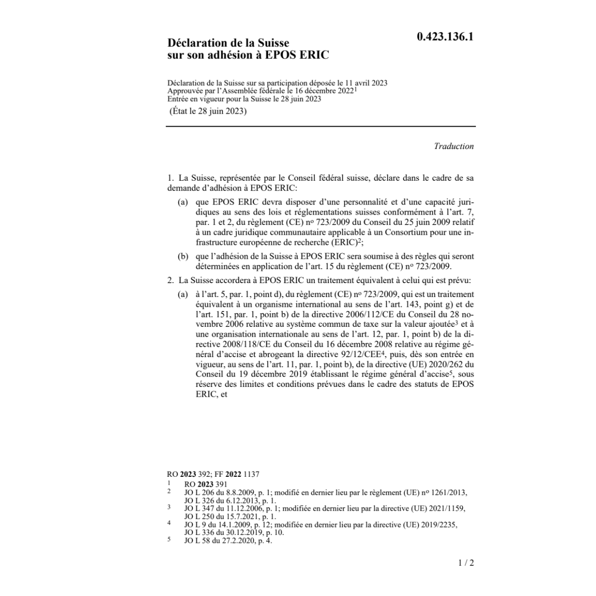 Déclaration Suisse adhésion EPOS ERIC