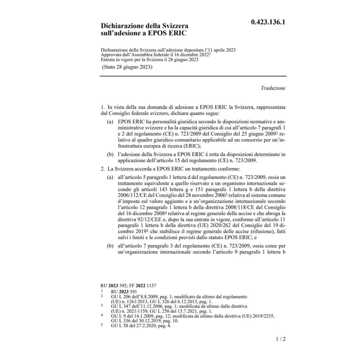 Dichiarazione Svizzera adesione EPOS ERI