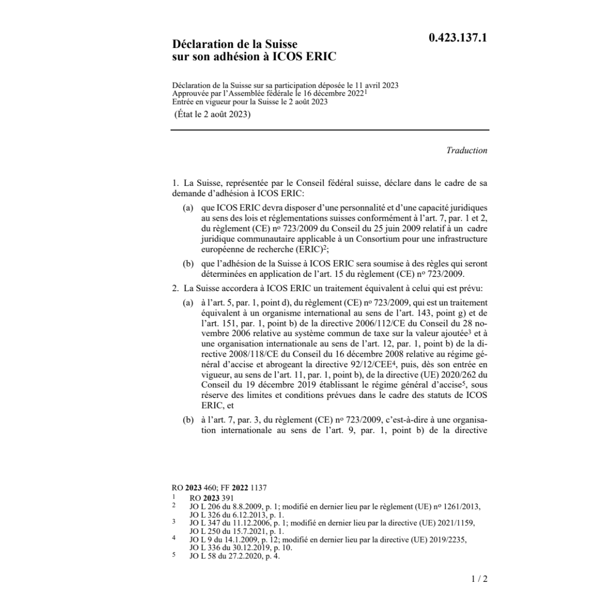 Déclaration Suisse adhésion ICOS ERIC