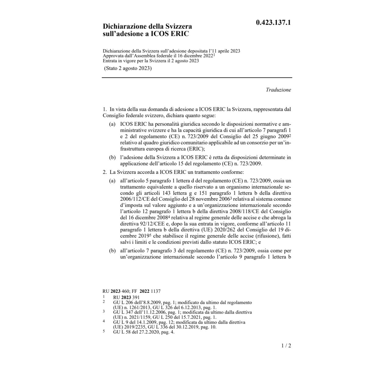 Dichiarazione Svizzera ades. ICOS ERIC