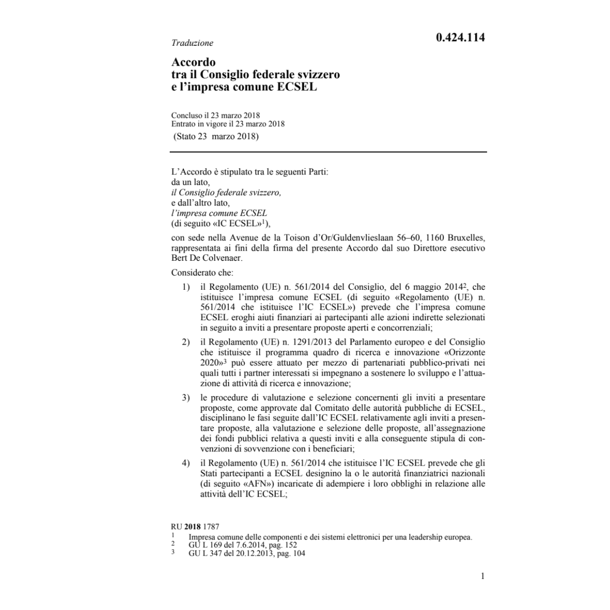 Acc. 23.3.18 CFS impresa comune ECSEL