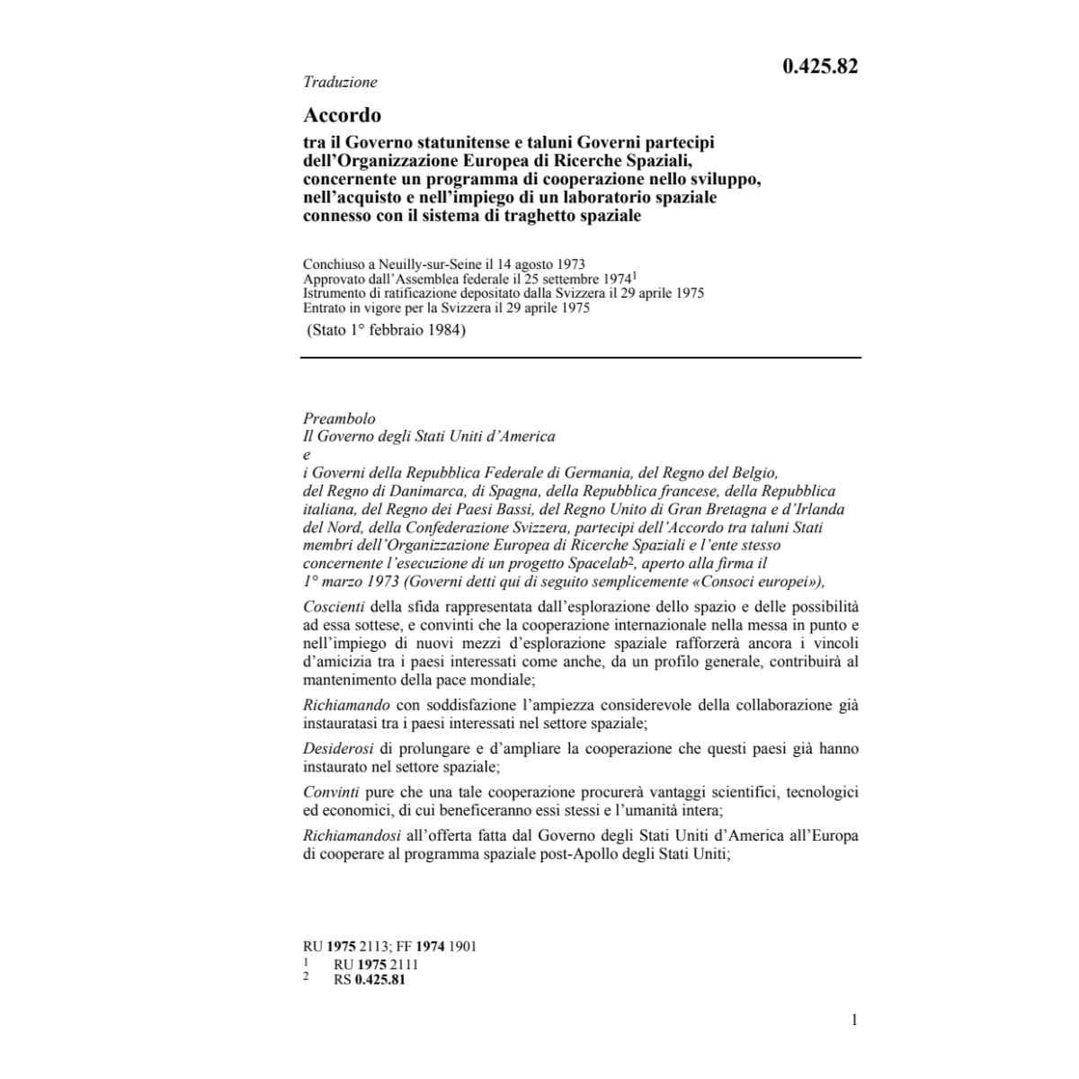 Acc. impiego laboratorio spaziale