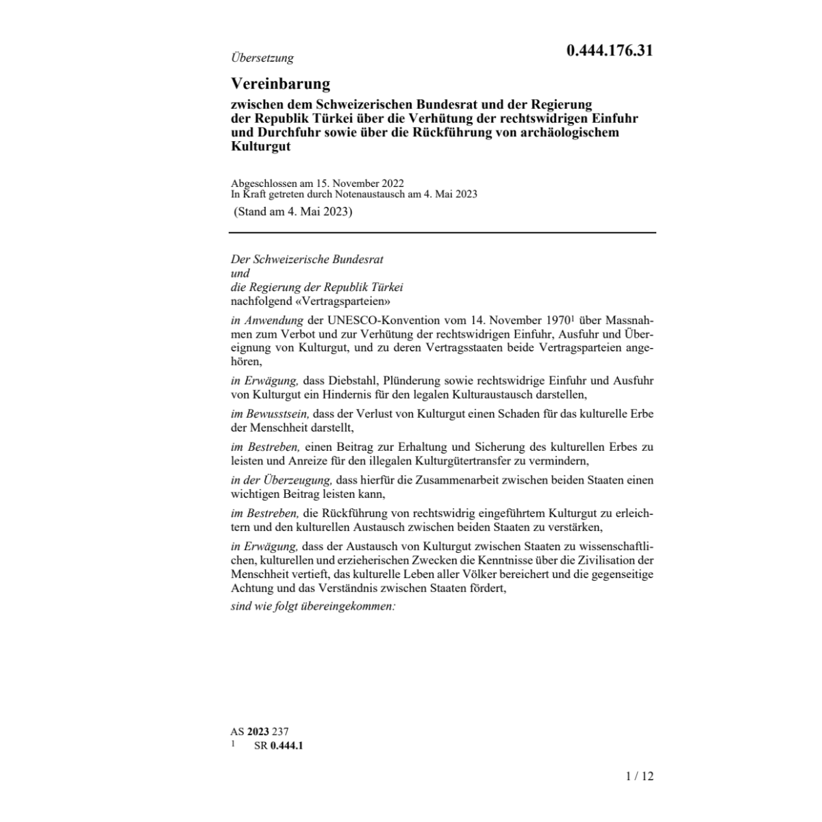 Vereinbarung Türkei Einfuhr u. Durchfuhr