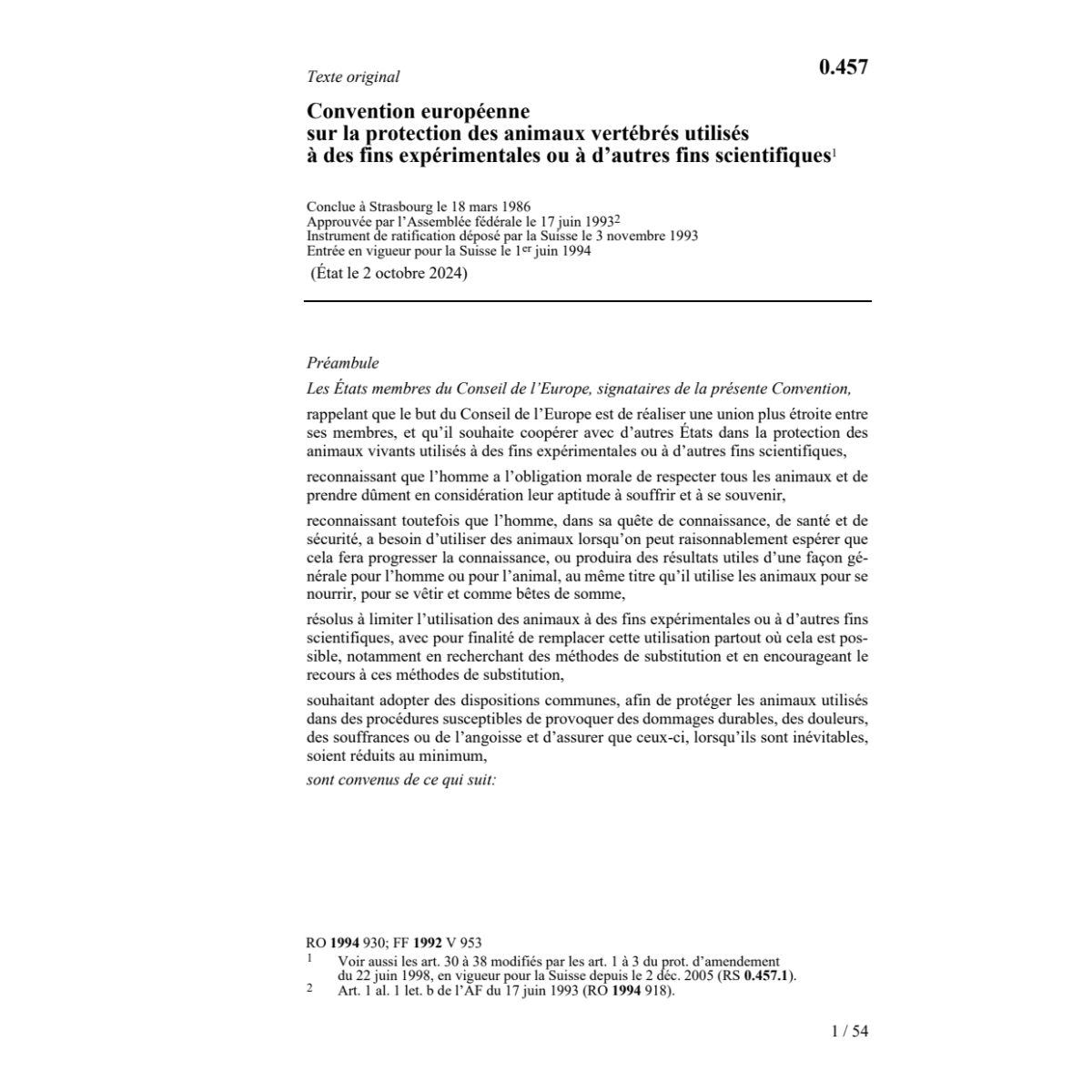 Conv. protection animaux expérimentales