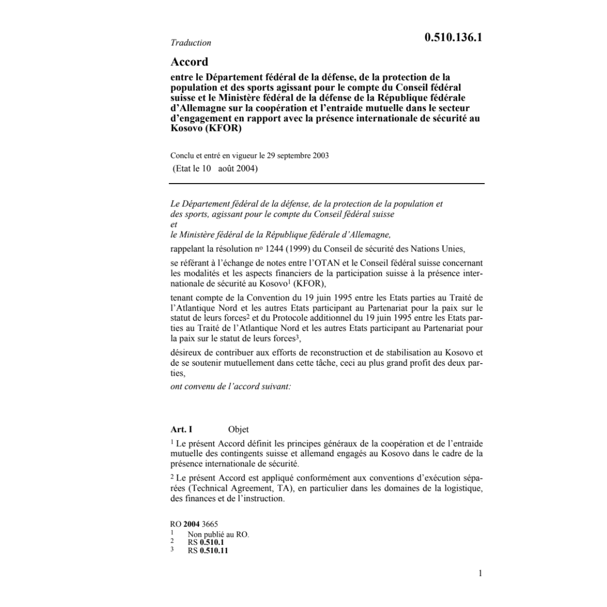 ac. DDPS CH-RFA présence séc.Kosovo KFOR