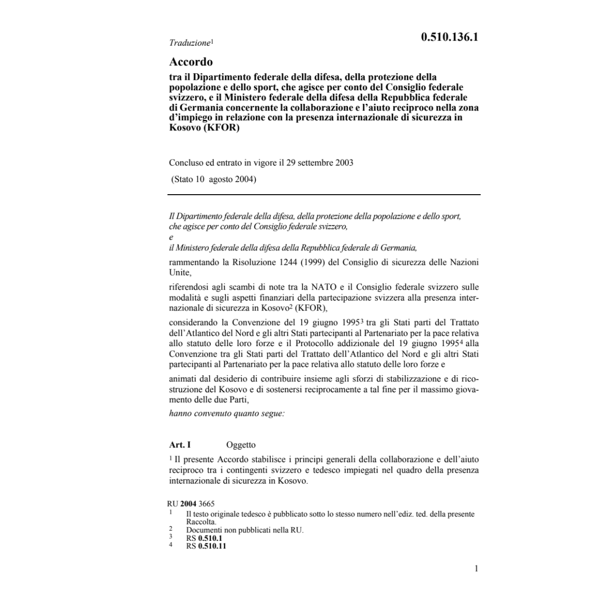 Acc.DDPS CH-Germania presenz.Kosovo KFOR