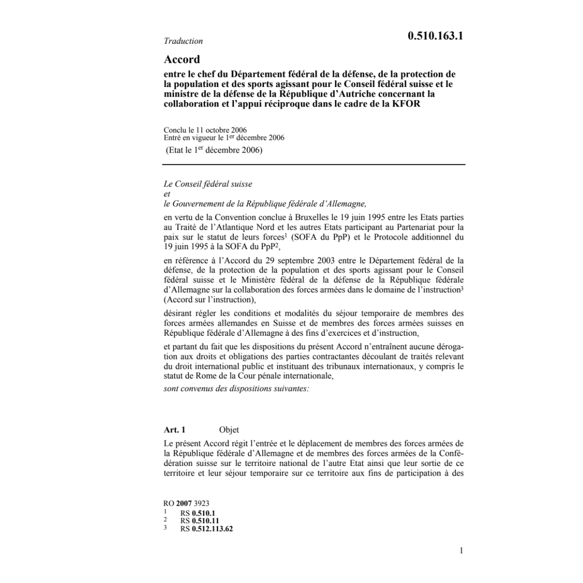 Acc. CH-D Acc.D-CH séjour forces armées