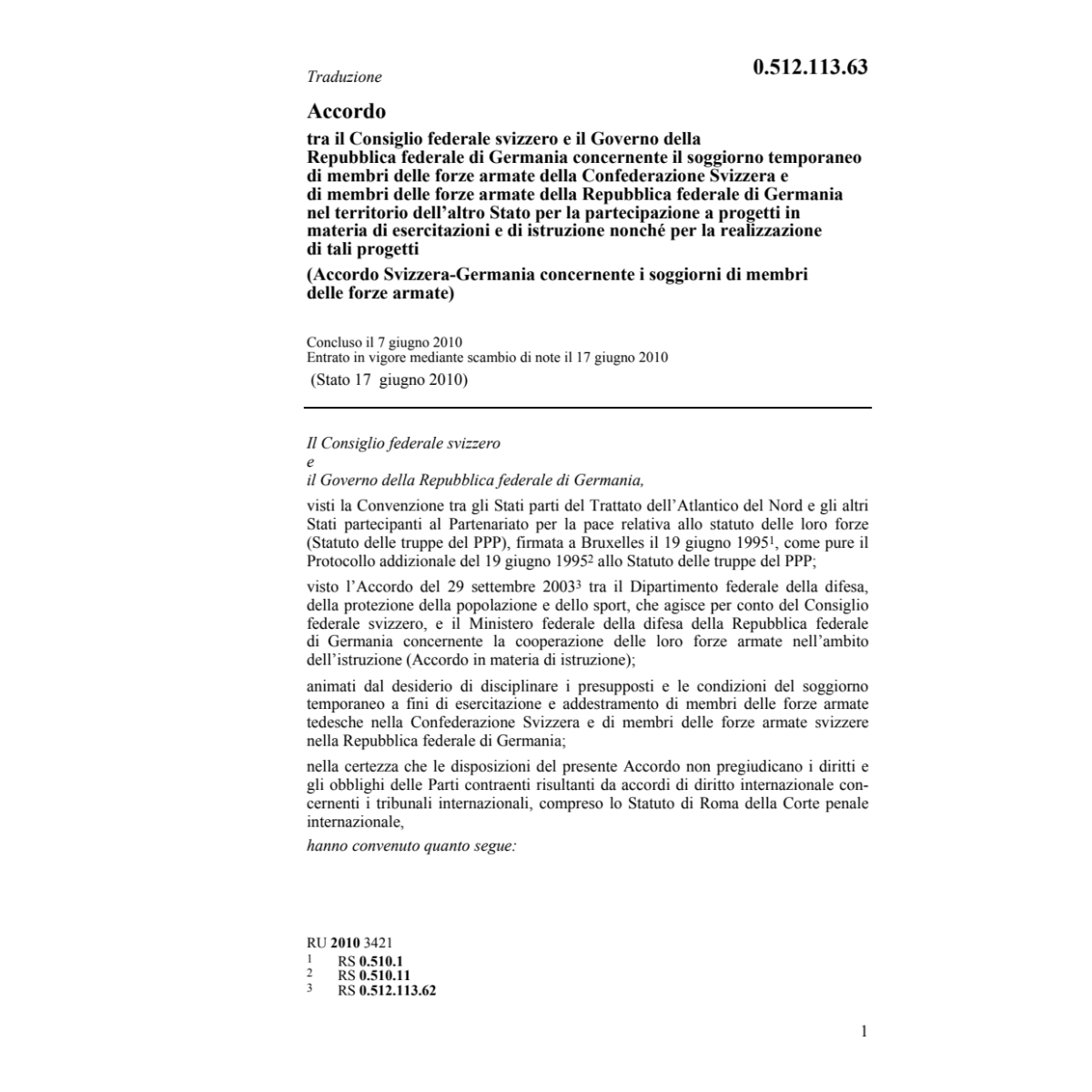 Acc. CH-D soggiorni membri forze armate