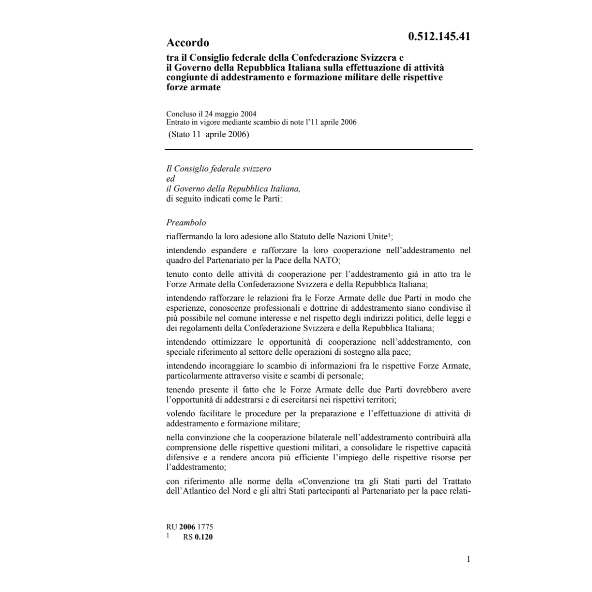 Acc. CH-Italiana addestram. forze armate