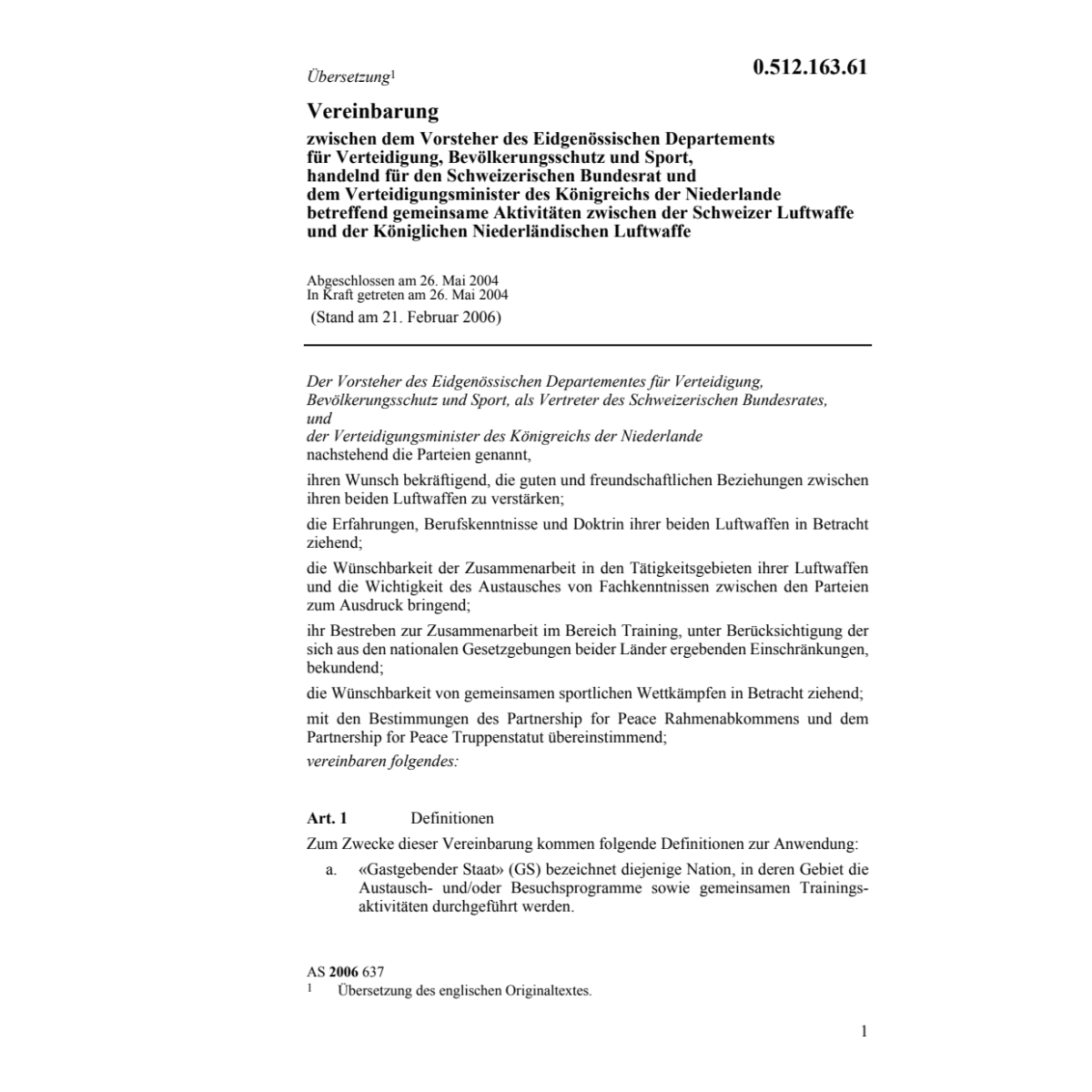 Vereinb.Aktivitäten Luftwaffe CH-NL