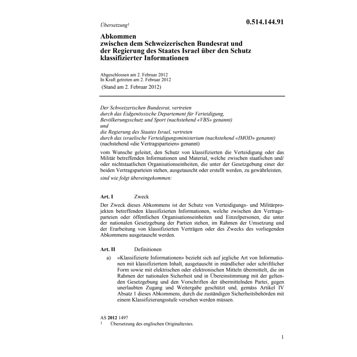 Abk.CH-Israel Schutz klass.Informationen