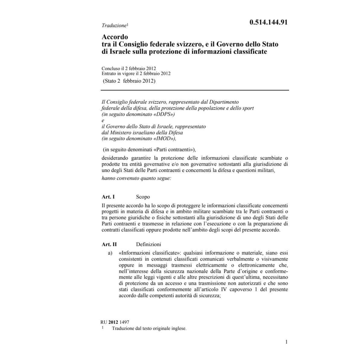 Acc.CH-Israele prot.informaz.classificat