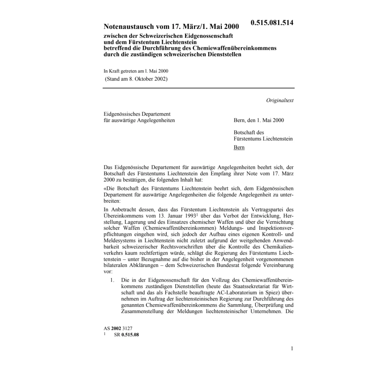 Notenaustausch CH-FL Chemiewaffen