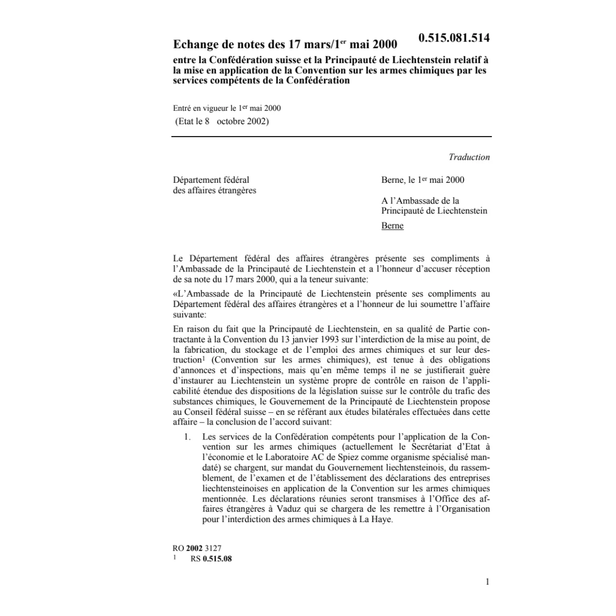 Echange notes CH-FL Conv. armes chimique