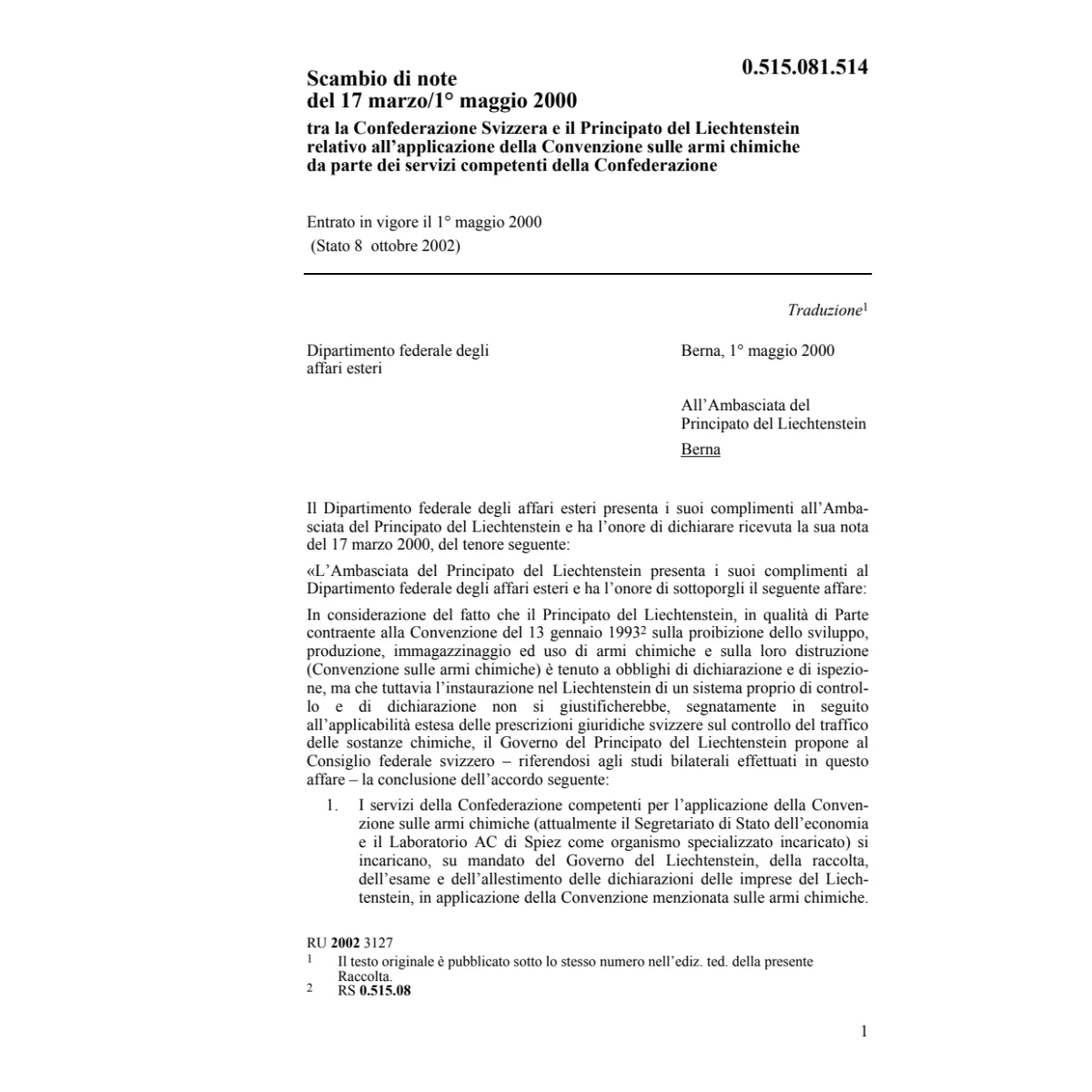 Scambio note CH-FL Conv. armi chimiche
