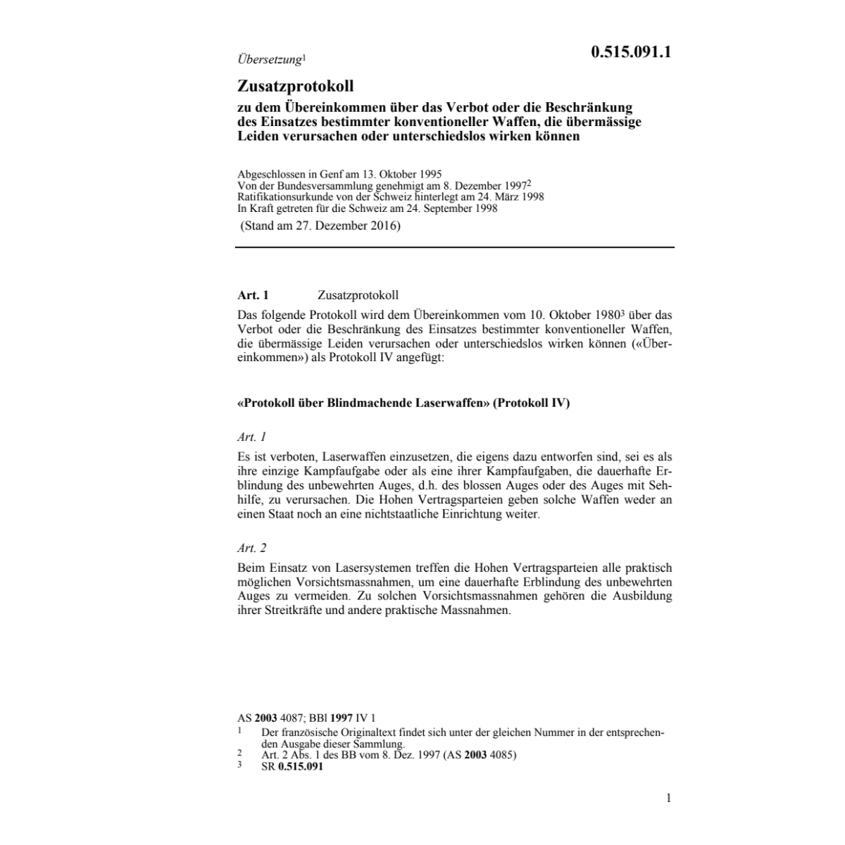 Zusatzprotokoll Verbot Laserwaffen