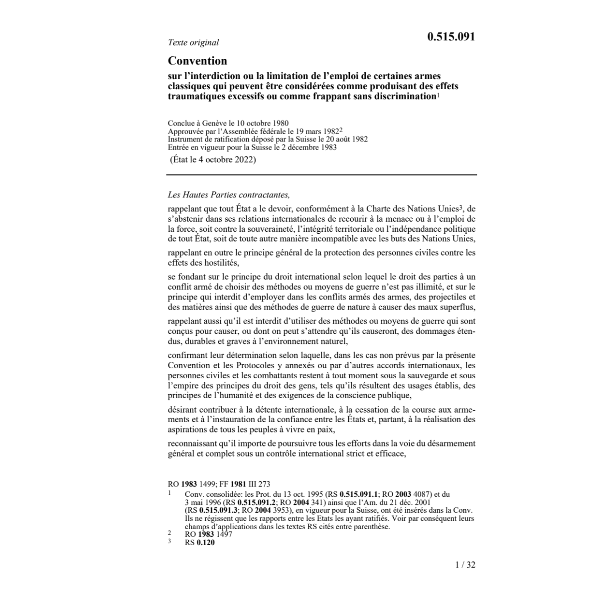 Conv. interdiction armes classiques