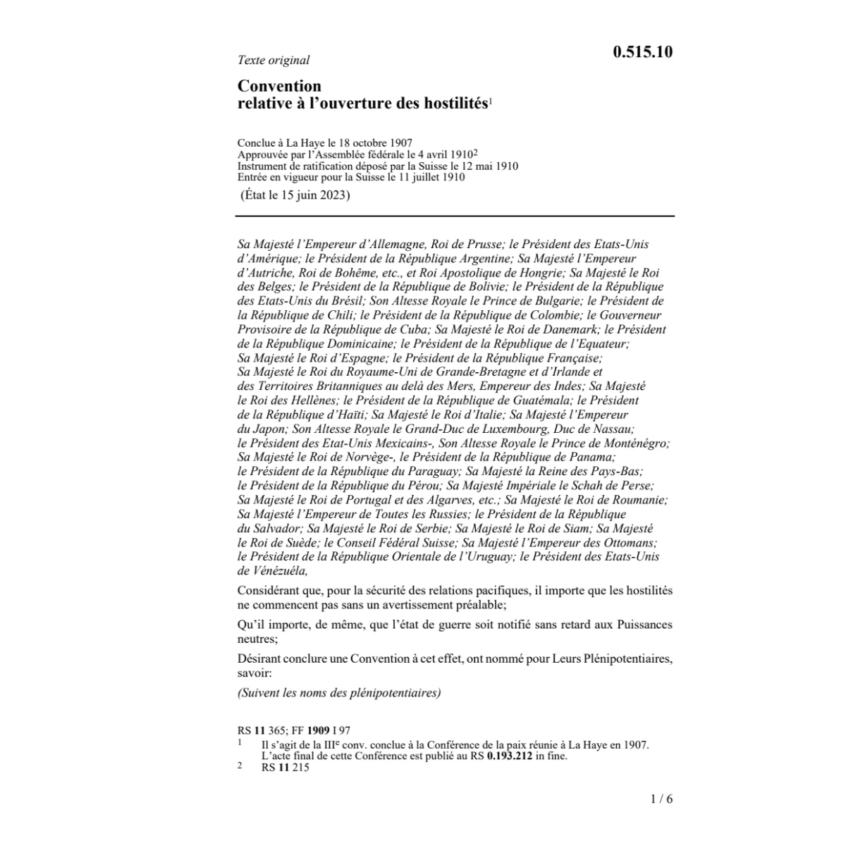 Conv. ouverture des hostilités