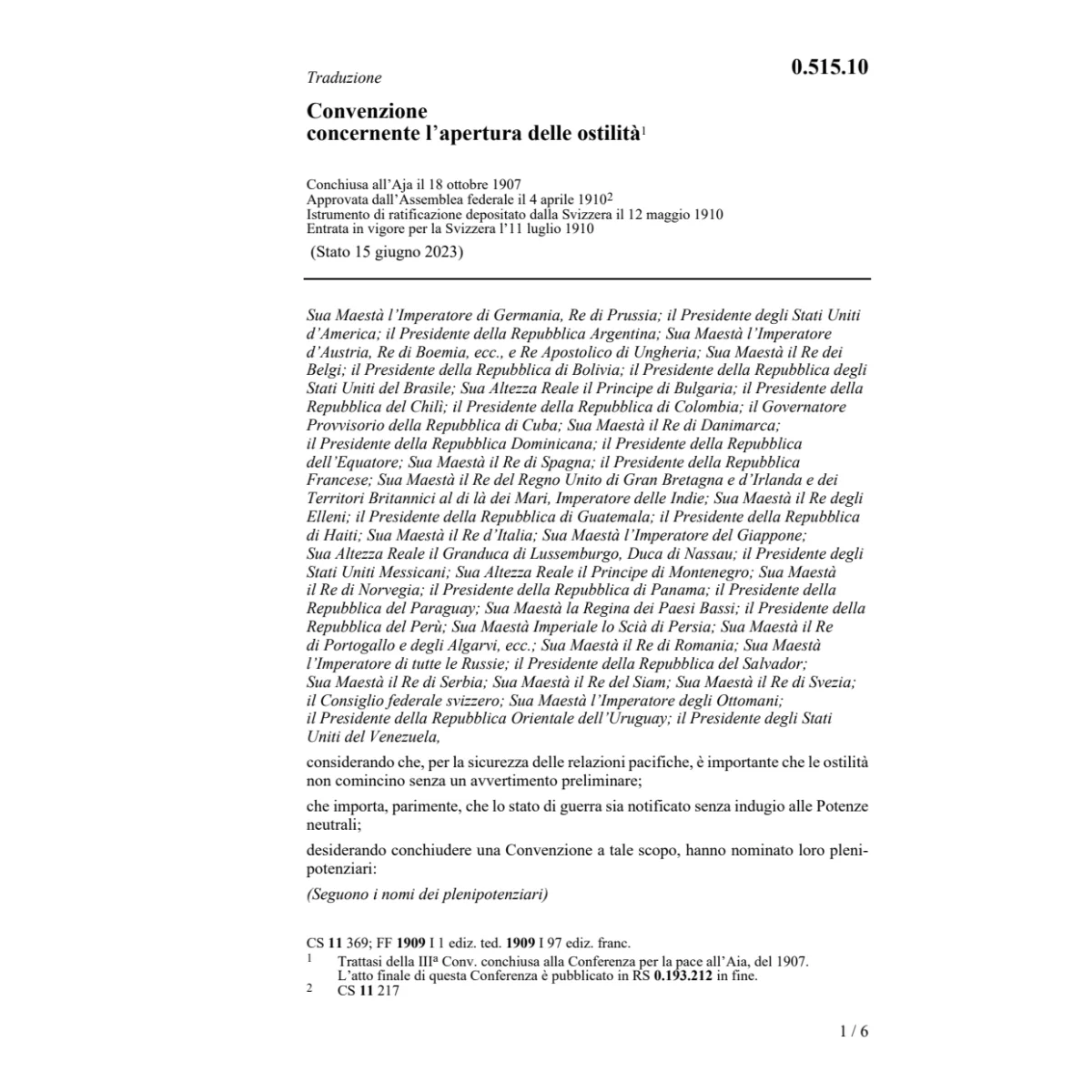 Conv. apertura delle ostilità