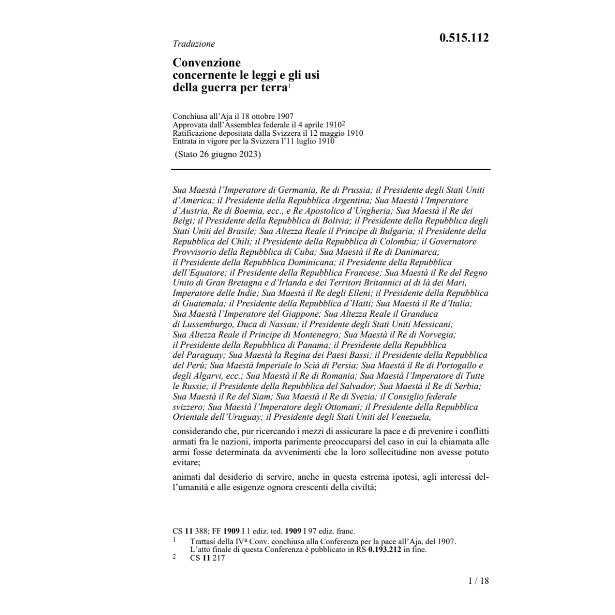 Conv. leggi, usi della guerra per terra
