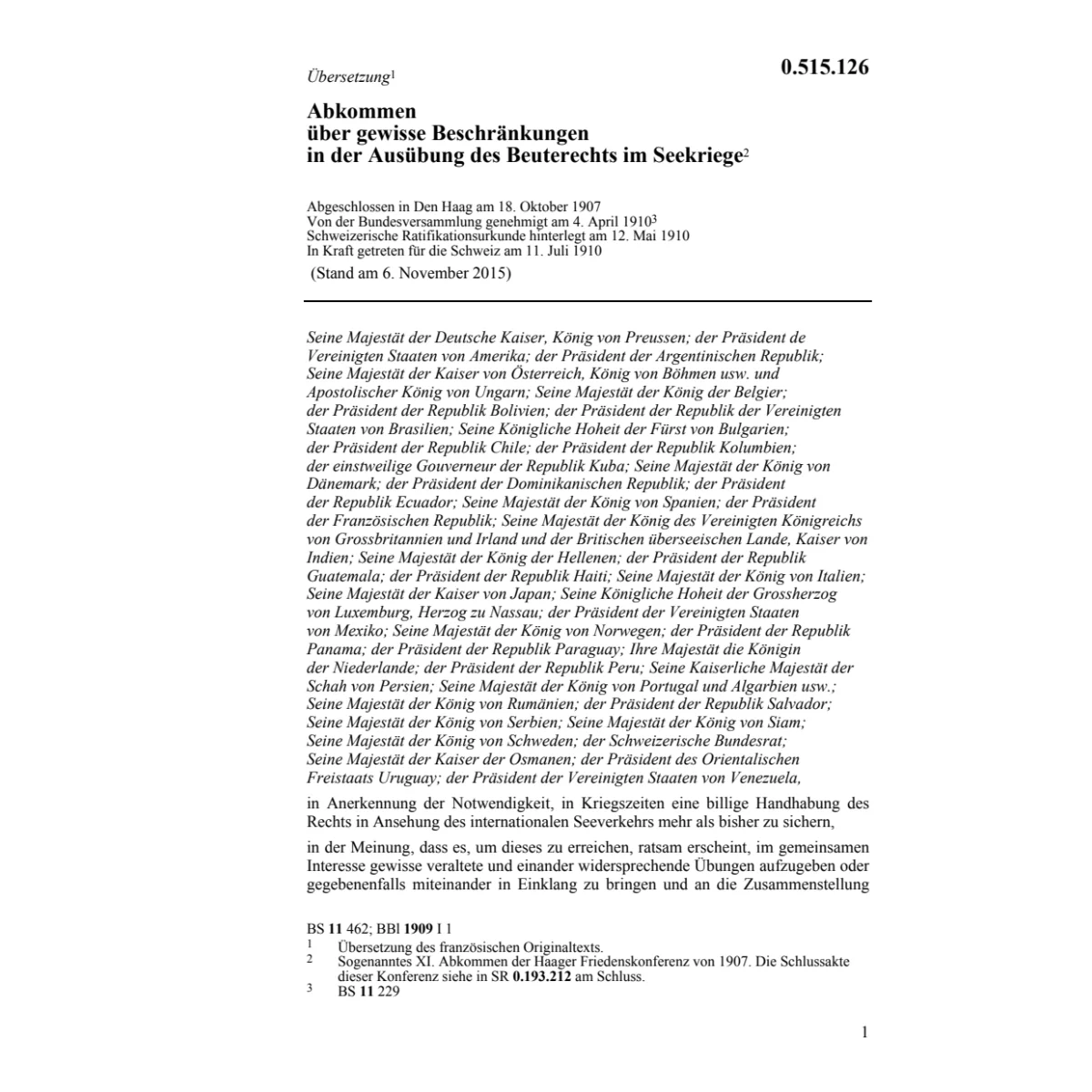 Abk. Beschränkung Beuterecht im Seekrieg