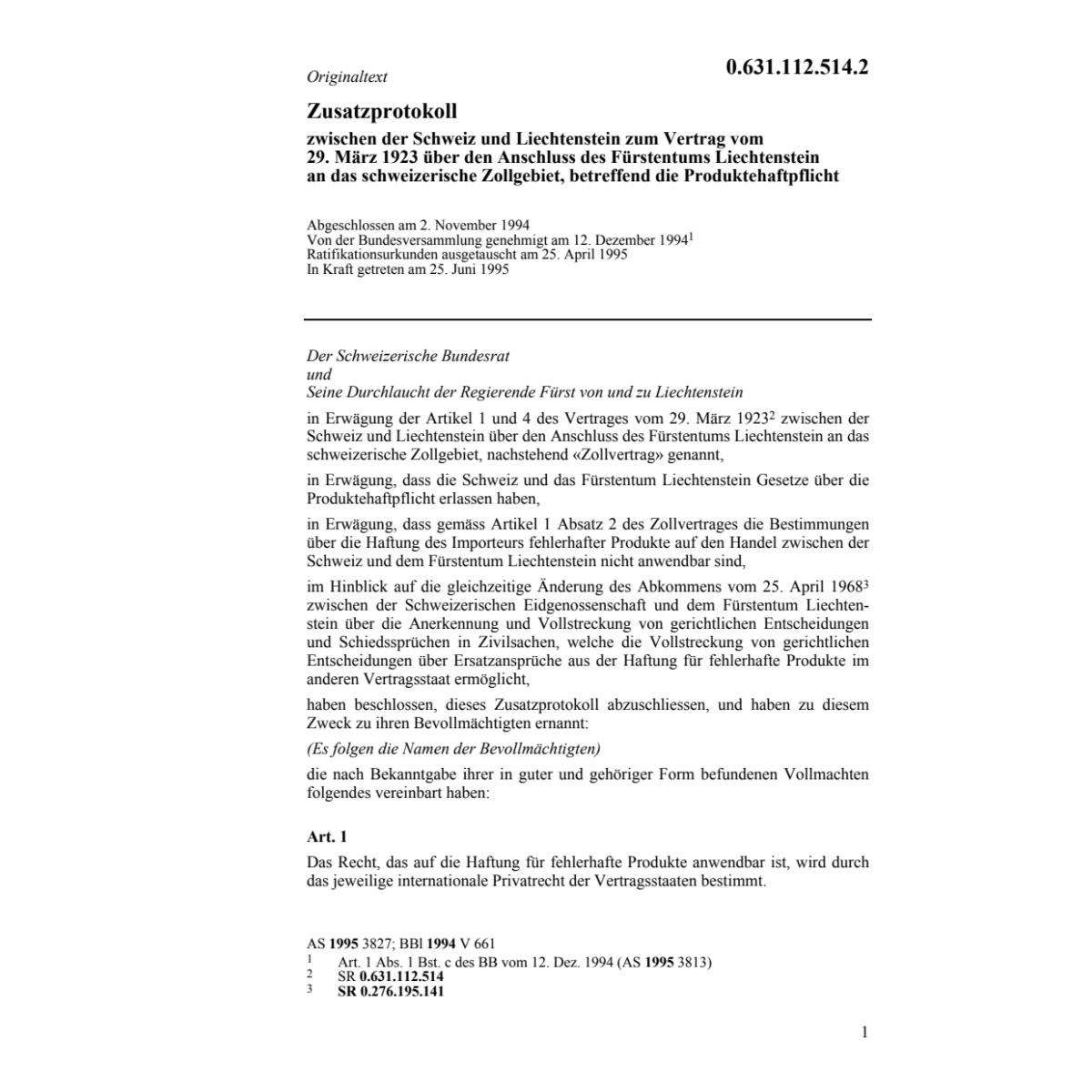 Zusatzprot. Anschluss an Zollgebiet FL