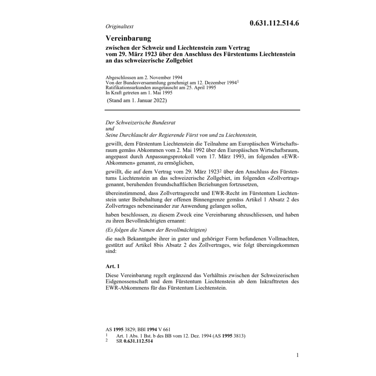 Vereinb. Anschluss an Zollgebiet FL