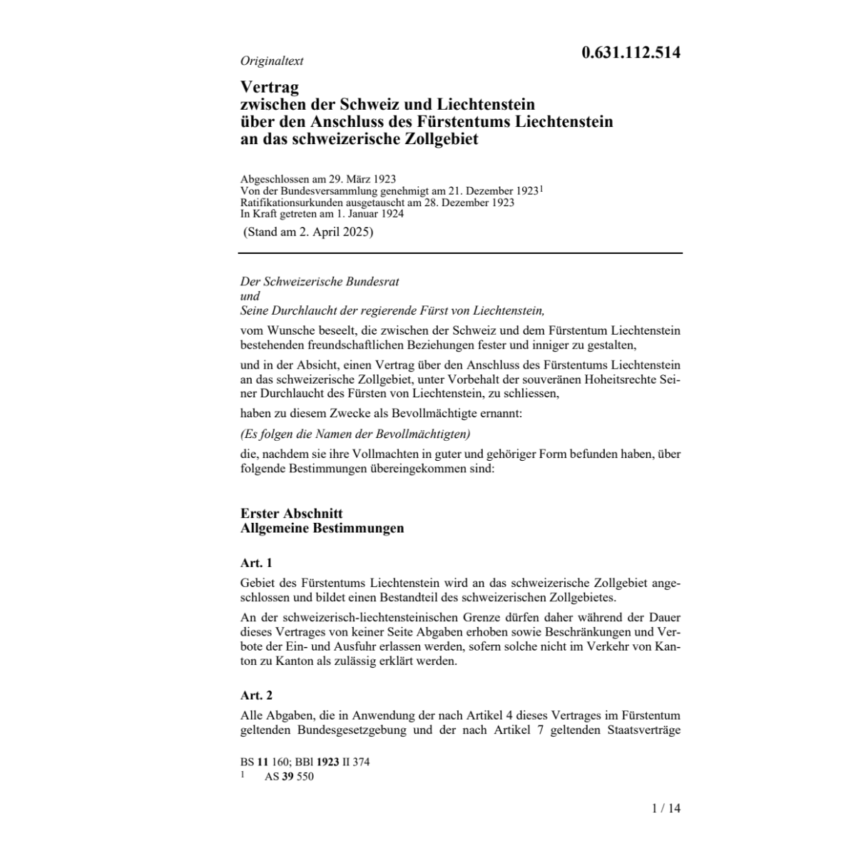 V CH/Liechtenstein Anschluss Zollgebiet